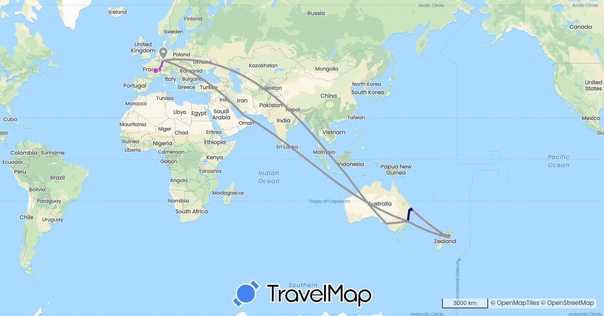 TravelMap itinerary: driving, plane, train in United Arab Emirates, Australia, Germany, France, Indonesia, New Zealand (Asia, Europe, Oceania)